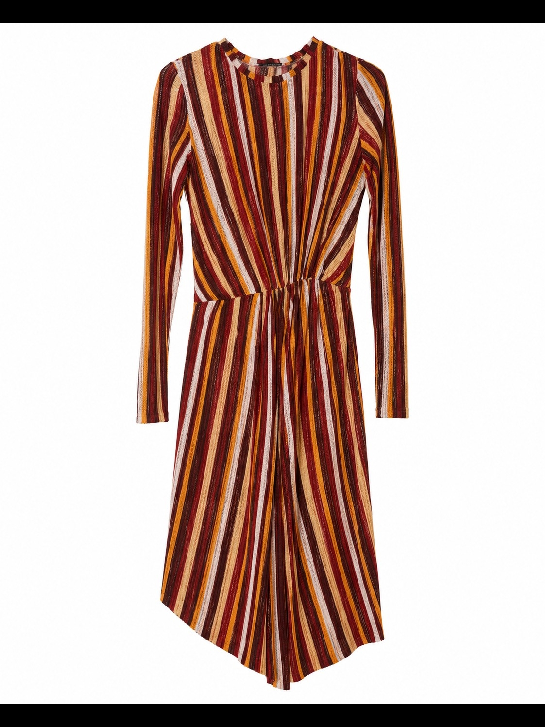 Zara Striped Long-Sleeve Midi Dress In Burgundy, Mustard, Cream, Brown